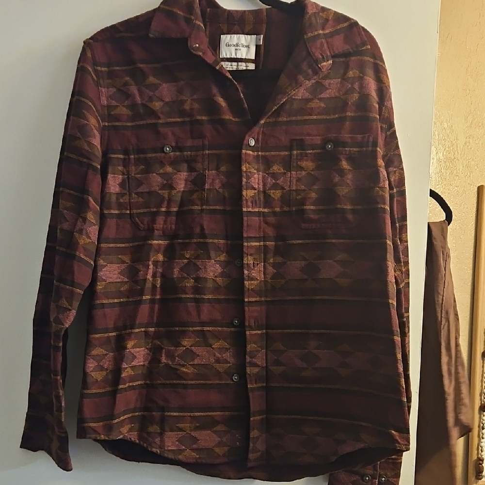 Flannel Button Up Shirt Blouse Burgundy Soft